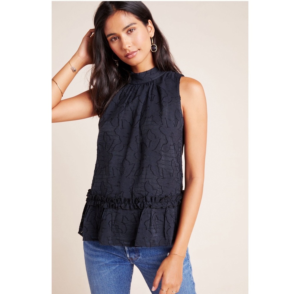 Maeve Anthropologie Black Textured Floral Jacquard Peplum Mock Neck Top US‎ 00